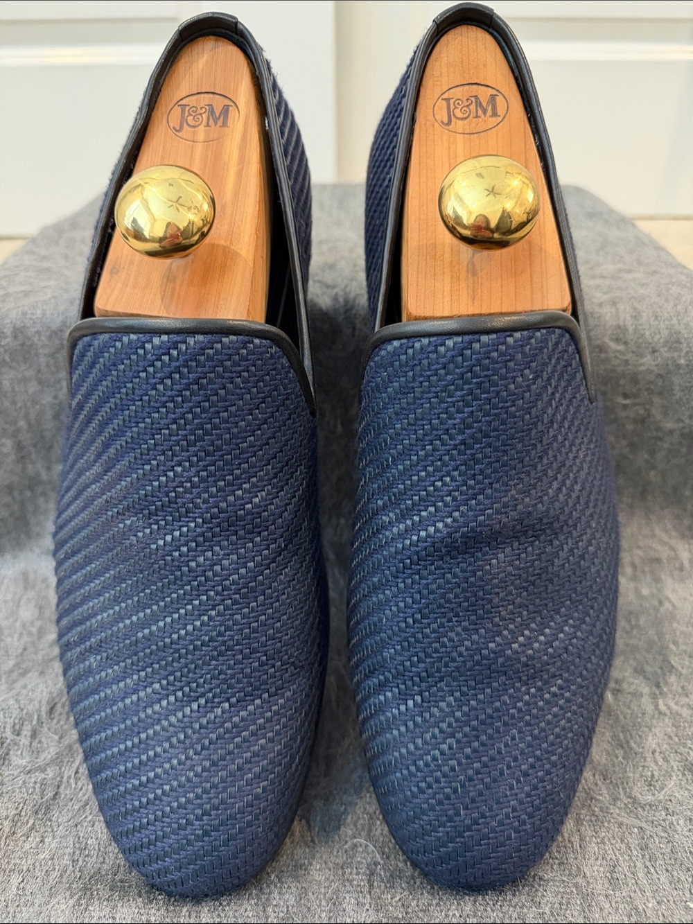 Jimmy Choo Woven Navy Blue Leather-Trim Slip-On Loafers